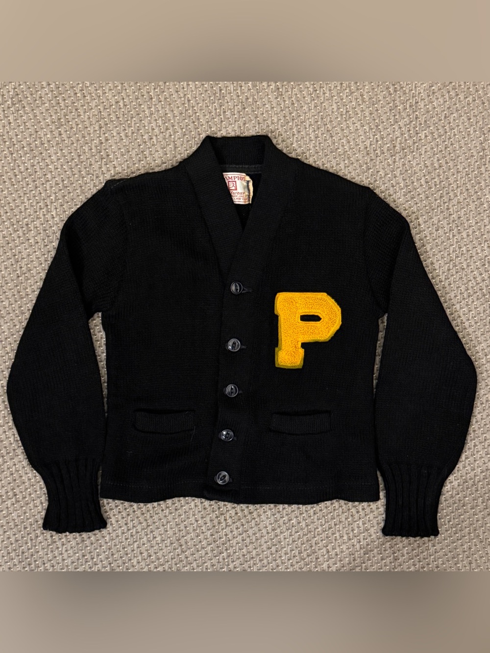 VTG 1950s Champion Knitwear Kids Letterman Cardigan Black Yellow P Patch USA